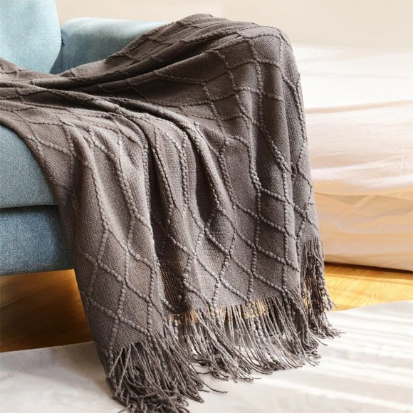 Slate Grey Irregular Rhombus Diamond Knit Fringe 50"x60"L Throw Blanket - Picture 1 of 3